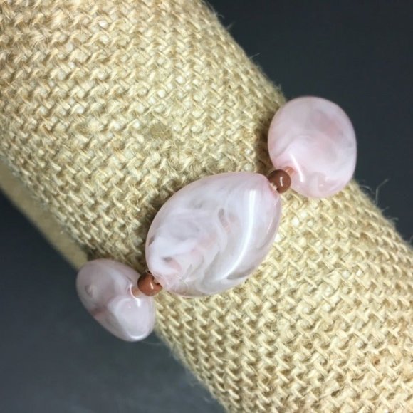 Oval Bead Stretch Bracelet Barbie Soft Pink Brown Cottage Granny Retro BoHo - Picture 1 of 5